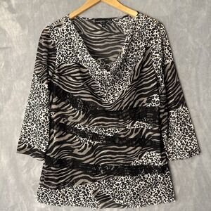 7 Wonders Blouse Top Women's XL Black 3/4 Sleeve Lining Tiered Animal Print‎ VTG